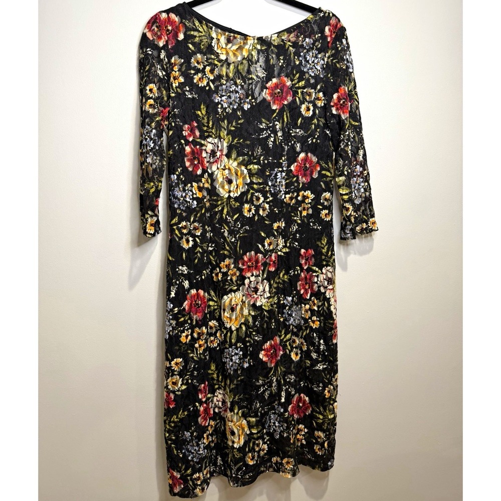 Chetta B Sheath Dress Floral Lace Black Multi 3/4 Sleeve Round Neck Lined 10